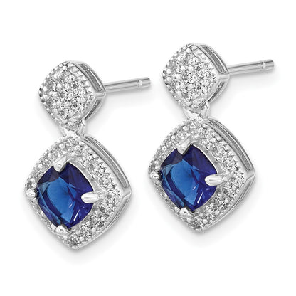 Sterling Silver Cheryl M Rhodium-Plated Cushion-Cut Blue Glass And Brilliant-Cut White Cz Post Dangle Earrings