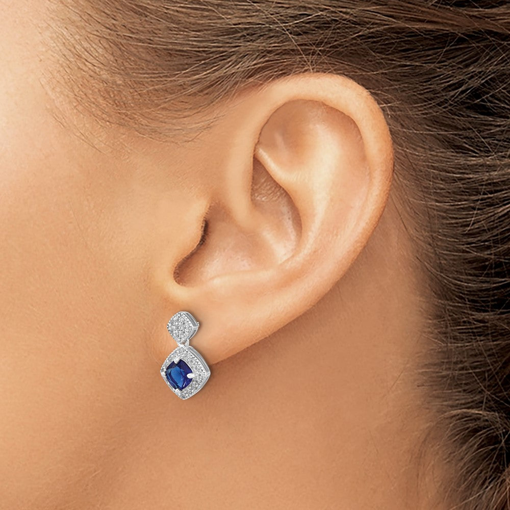 Sterling Silver Cheryl M Rhodium-Plated Cushion-Cut Blue Glass And Brilliant-Cut White Cz Post Dangle Earrings