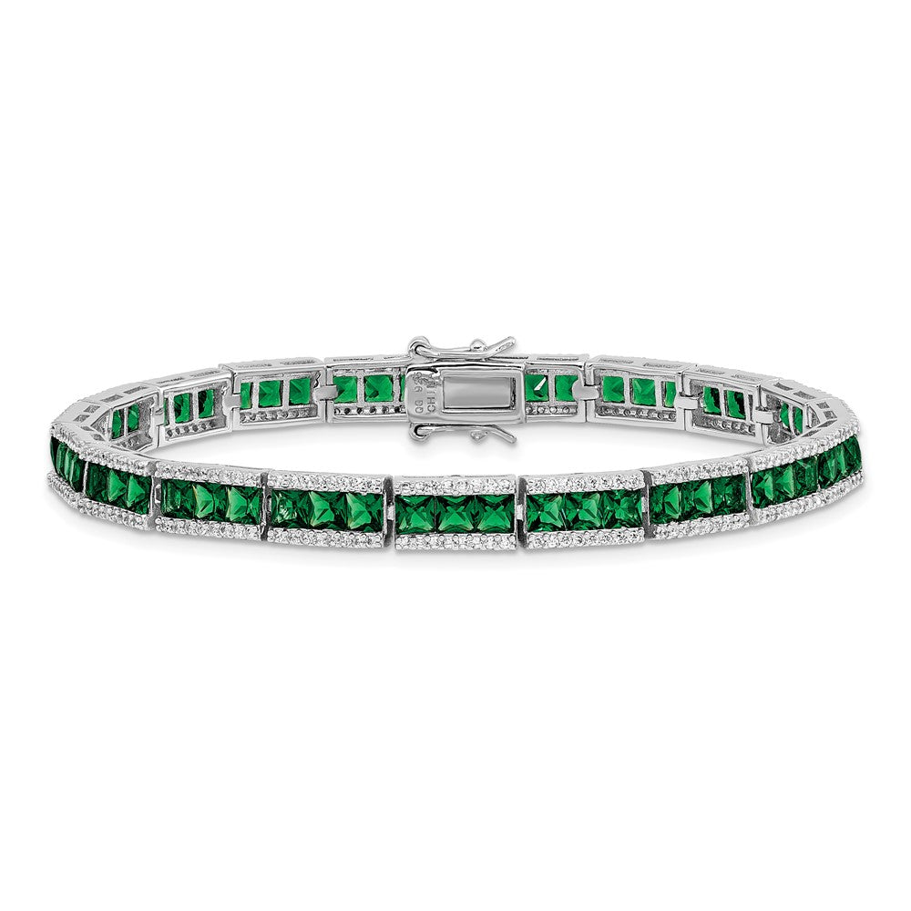 Sterling Silver Cheryl M Rhodium-Plated Princess-Cut Green Nano Crystal And Brilliant-Cut White Cz 7.25 Inch Bracelet