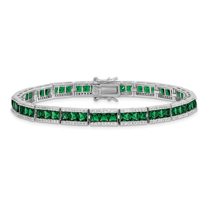 Sterling Silver Cheryl M Rhodium-Plated Princess-Cut Green Nano Crystal And Brilliant-Cut White Cz 7.25 Inch Bracelet