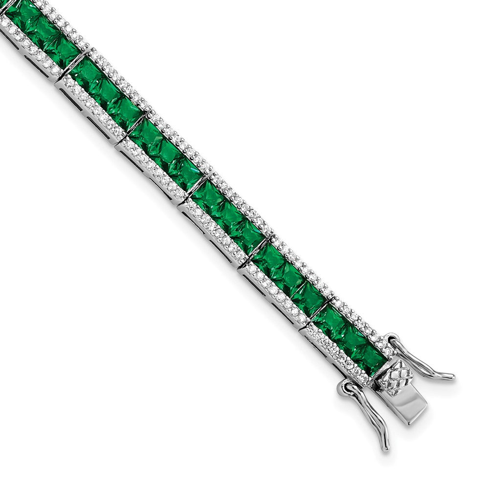 Sterling Silver Cheryl M Rhodium-Plated Princess-Cut Green Nano Crystal And Brilliant-Cut White Cz 7.25 Inch Bracelet