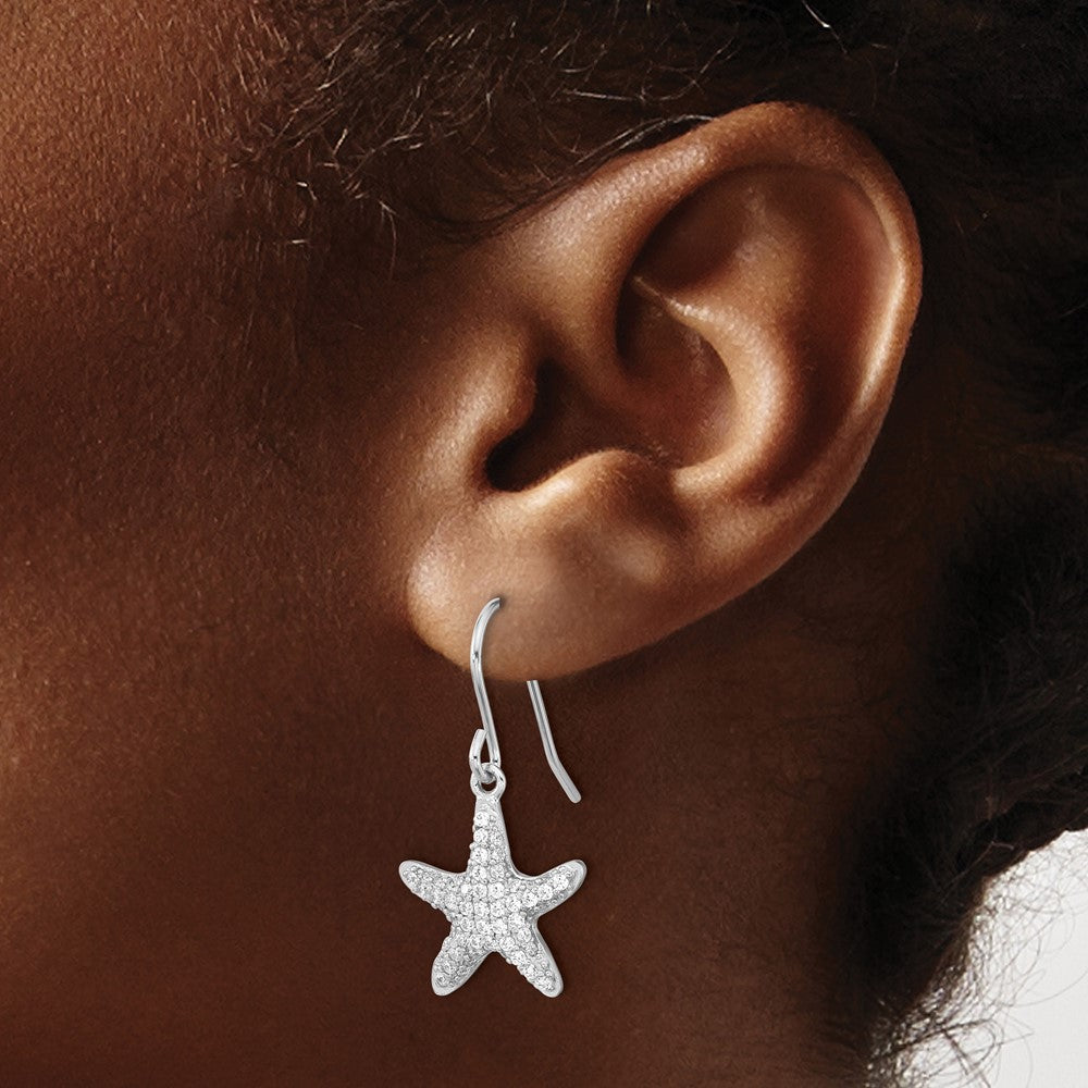 Sterling Silver Cheryl M Rhodium-Plated Brilliant-Cut Pave Cz Starfish Shepherd Hook Dangle Earrings