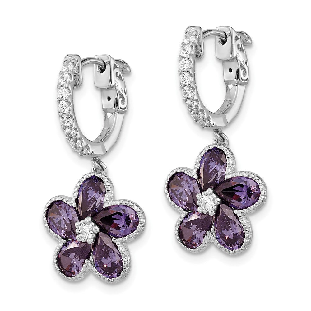 Sterling Silver Cheryl M Rhodium-Plated Purple And White Brilliant-Cut Cz Flower Hinged Hoop Dangle Earrings