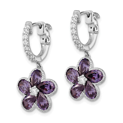 Sterling Silver Cheryl M Rhodium-Plated Purple And White Brilliant-Cut Cz Flower Hinged Hoop Dangle Earrings