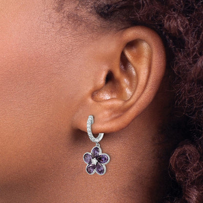 Sterling Silver Cheryl M Rhodium-Plated Purple And White Brilliant-Cut Cz Flower Hinged Hoop Dangle Earrings