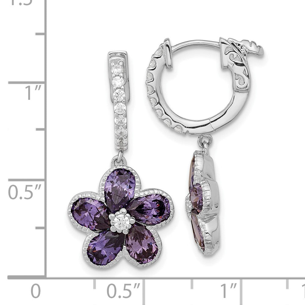 Sterling Silver Cheryl M Rhodium-Plated Purple And White Brilliant-Cut Cz Flower Hinged Hoop Dangle Earrings