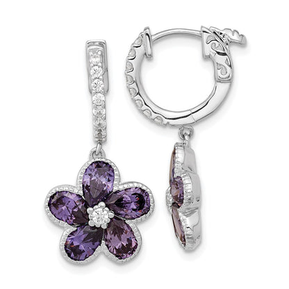 Sterling Silver Cheryl M Rhodium-Plated Purple And White Brilliant-Cut Cz Flower Hinged Hoop Dangle Earrings