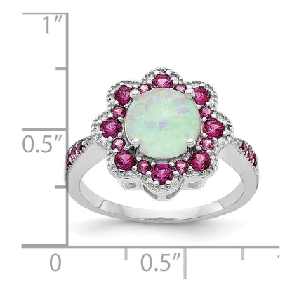 Sterling Silver Cheryl M Rhodium-Plated Cabochon Lab Created Opal And Brilliant-Cut Red Nano Crystal Flower Ring