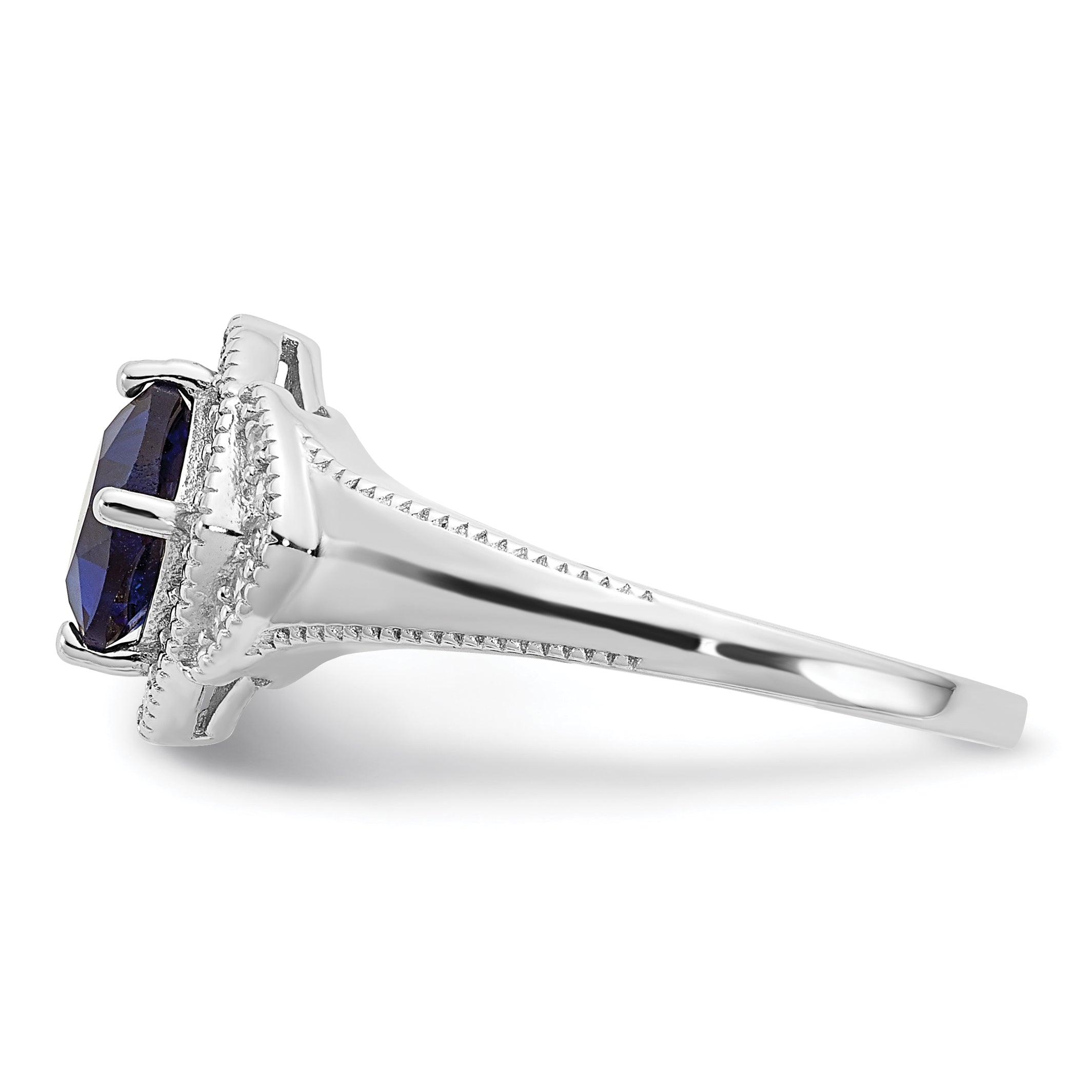 Sterling Silver Cheryl M Rhodium-Plated Fancy Cushion-Cut Blue Glass And Brilliant-Cut White Cz Ring