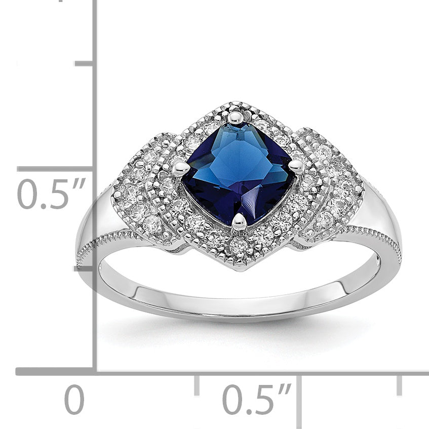 Sterling Silver Cheryl M Rhodium-Plated Fancy Cushion-Cut Blue Glass And Brilliant-Cut White Cz Ring