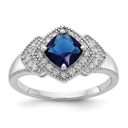 Sterling Silver Cheryl M Rhodium-Plated Fancy Cushion-Cut Blue Glass And Brilliant-Cut White Cz Ring
