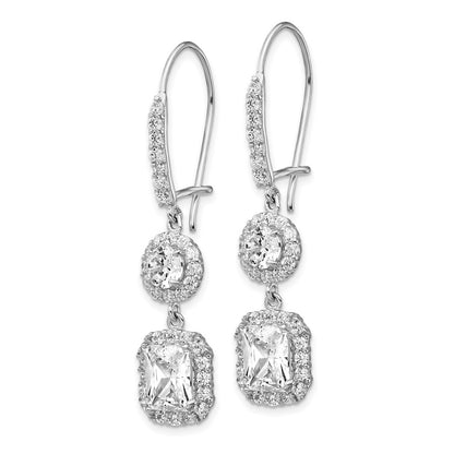 Sterling Silver Cheryl M Rhodium-Plated Elongated Cushion-Cut And Brilliant-Cut Cz Halo Kidney Wire Dangle Earrings