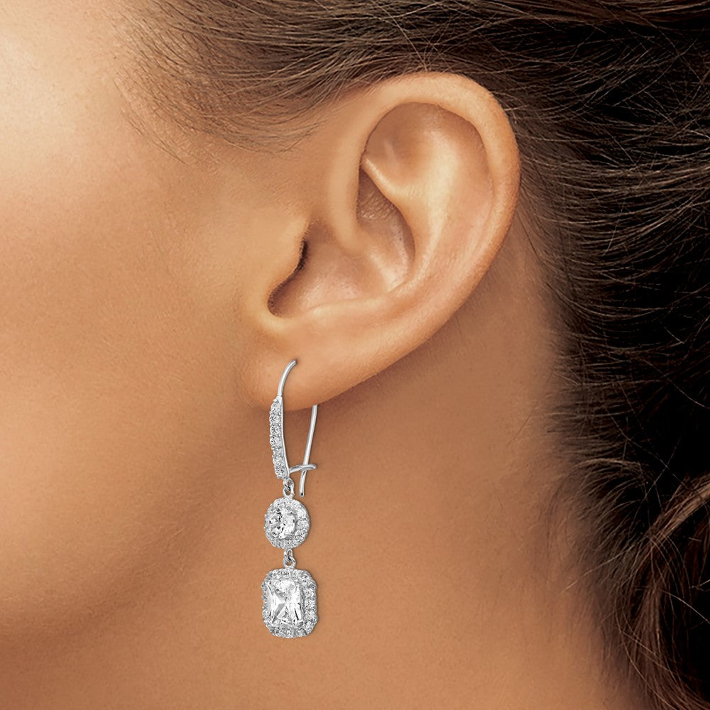 Sterling Silver Cheryl M Rhodium-Plated Elongated Cushion-Cut And Brilliant-Cut Cz Halo Kidney Wire Dangle Earrings