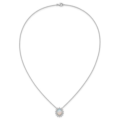 Sterling Silver Cheryl M Rhodium Plated Created Opal & CZ Oval Halo Necklace