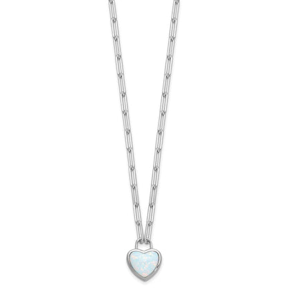 Sterling Silver Cheryl M Rhodium Plated Created Opal Heart Paperclip Link Necklace