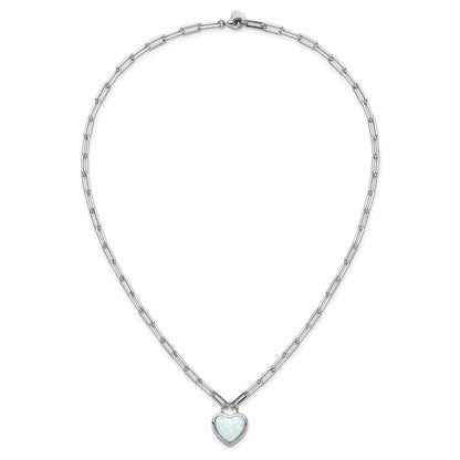 Sterling Silver Cheryl M Rhodium Plated Created Opal Heart Paperclip Link Necklace