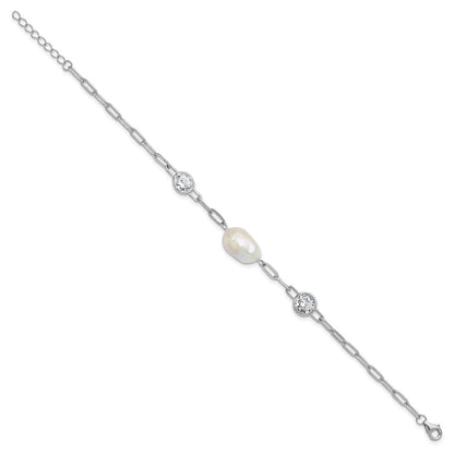 Sterling Silver Cheryl M Rh-Pltd CZ & Fwc Pearl & Link W/ .75in Ext Bracelet