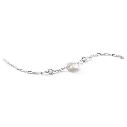 Sterling Silver Cheryl M Rh-Pltd CZ & Fwc Pearl & Link W/ .75in Ext Bracelet