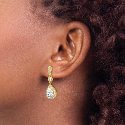 Sterling Silver Cheryl M Gold-Plated Brilliant-Cut Cz Teardrop And Bezel Halo Post Dangle Earrings