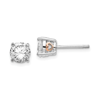 Sterling Silver Cheryl M Rhodium-Plated And Rose Gold-Plated Accent Heart Brilliant-Cut Cz Stud Post Earrings