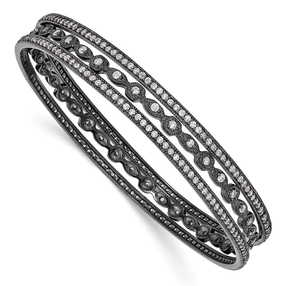 Sterling Silver Cheryl M Black-Plated Cz Three Bangle Set