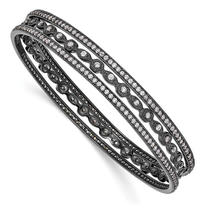 Sterling Silver Cheryl M Black-Plated Cz Three Bangle Set