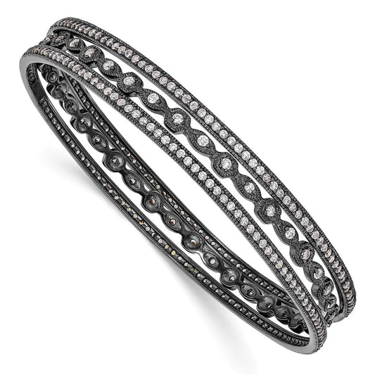 Sterling Silver Cheryl M Black-Plated Cz Three Bangle Set