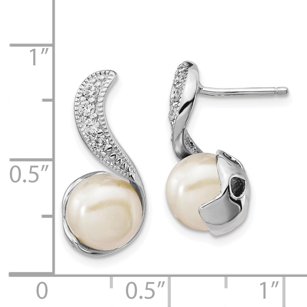 Sterling Silver Cheryl M Rhodium-Plated Freshwater Cultured Pearl And Brilliant-Cut Cz Post Dangle Earrings