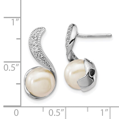 Sterling Silver Cheryl M Rhodium-Plated Freshwater Cultured Pearl And Brilliant-Cut Cz Post Dangle Earrings