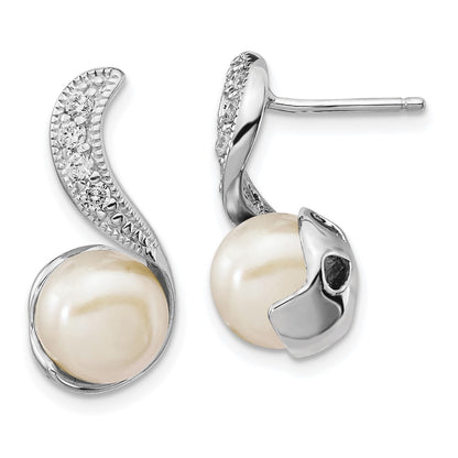 Sterling Silver Cheryl M Rhodium-Plated Freshwater Cultured Pearl And Brilliant-Cut Cz Post Dangle Earrings