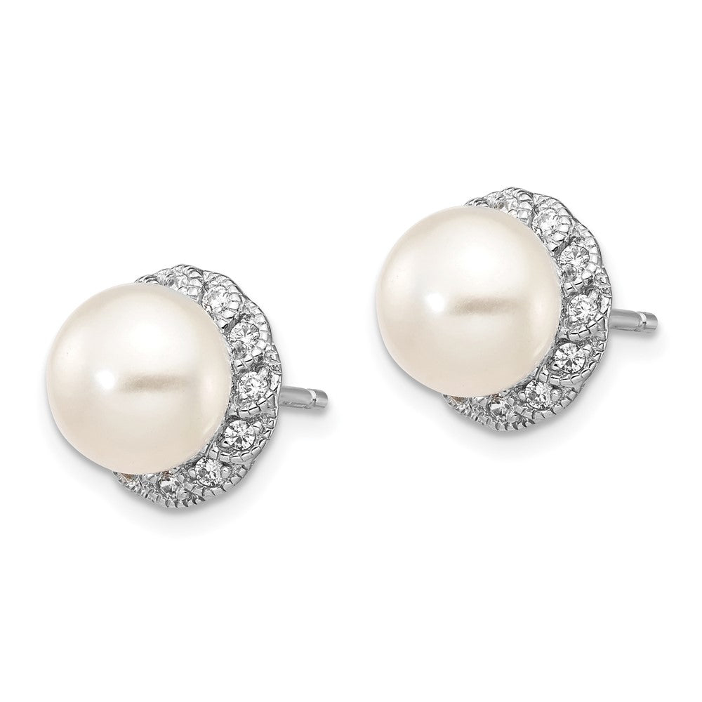 Sterling Silver Cheryl M Rhodium-Plated White Freshwater Cultured Pearl And Brilliant-Cut Cz Post Earrings
