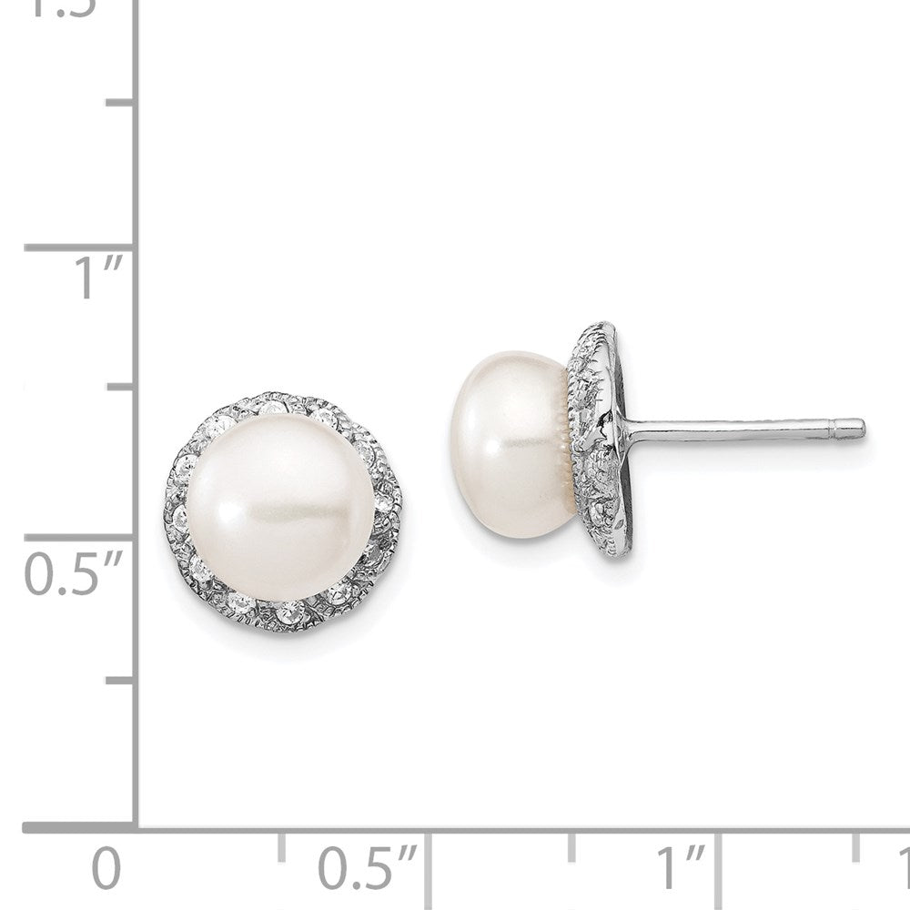 Sterling Silver Cheryl M Rhodium-Plated White Freshwater Cultured Pearl And Brilliant-Cut Cz Post Earrings