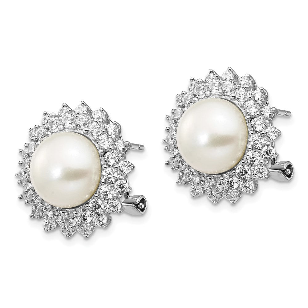 Sterling Silver Cheryl M Rhodium-Plated Freshwater Cultured Pearl And Brilliant-Cut Cz Omega Back Earrings