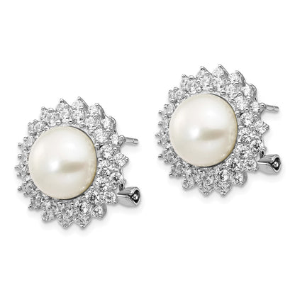 Sterling Silver Cheryl M Rhodium-Plated Freshwater Cultured Pearl And Brilliant-Cut Cz Omega Back Earrings