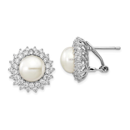 Sterling Silver Cheryl M Rhodium-Plated Freshwater Cultured Pearl And Brilliant-Cut Cz Omega Back Earrings