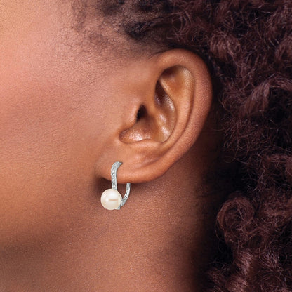 Sterling Silver Cheryl M Rhodium-Plated Freshwater Cultured Pearl And Brilliant-Cut Cz Leverback Earrings