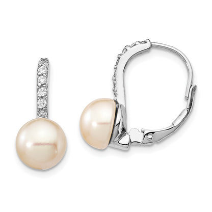 Sterling Silver Cheryl M Rhodium-Plated Freshwater Cultured Pearl And Brilliant-Cut Cz Leverback Earrings