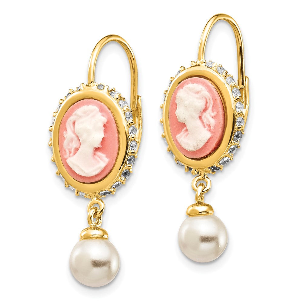Sterling Silver Cheryl M Gold-Plated Glass Pearl Brilliant-Cut Cz & Resin Cameo Leverback Dangle Earrings