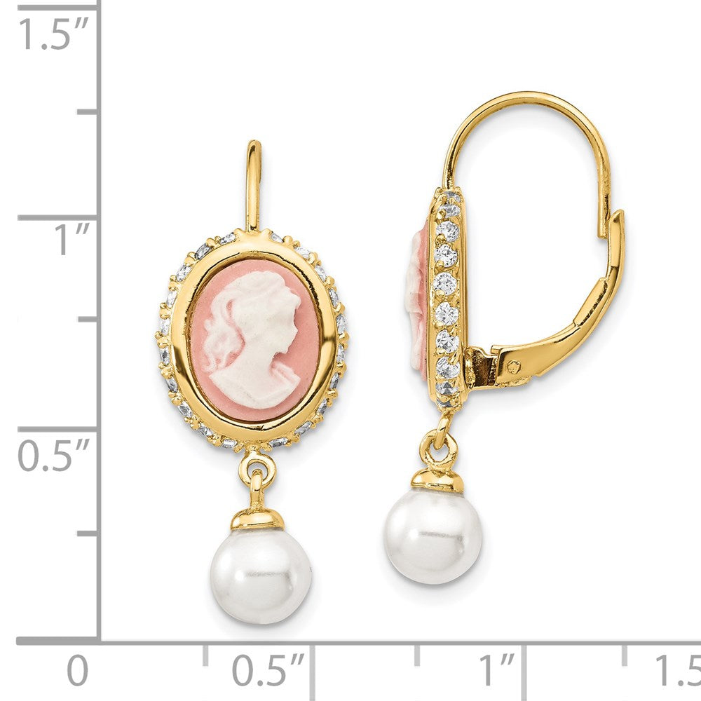 Sterling Silver Cheryl M Gold-Plated Glass Pearl Brilliant-Cut Cz & Resin Cameo Leverback Dangle Earrings