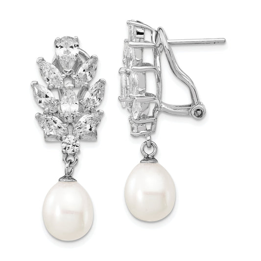Sterling Silver Cheryl M Rhodium-Plated Teardrop Freshwater Cultured Pearl Marquise-Cut And Brilliant-Cut Cz Fancy Omega Back Dangle Earrings