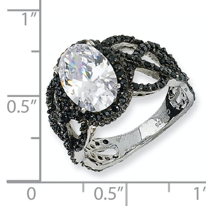 Sterling Silver Black-Plated Fancy Oval Black/Wht Cz Ring