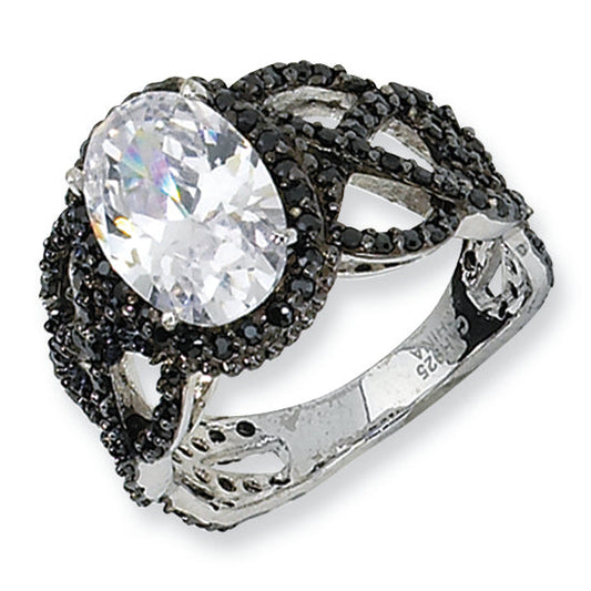 Sterling Silver Black-Plated Fancy Oval Black/Wht Cz Ring