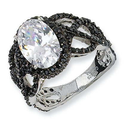 Sterling Silver Black-Plated Fancy Oval Black/Wht Cz Ring