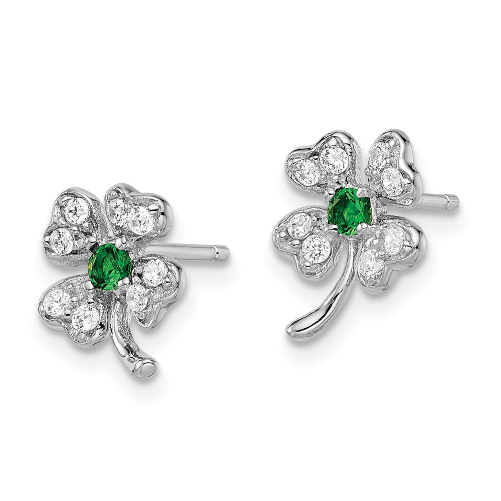 Sterling Silver Cheryl M Rhodium-Plated Brilliant-Cut Green Glass And White Cz Four Leaf Clover Post Earrings