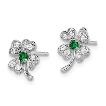 Sterling Silver Cheryl M Rhodium-Plated Brilliant-Cut Green Glass And White Cz Four Leaf Clover Post Earrings