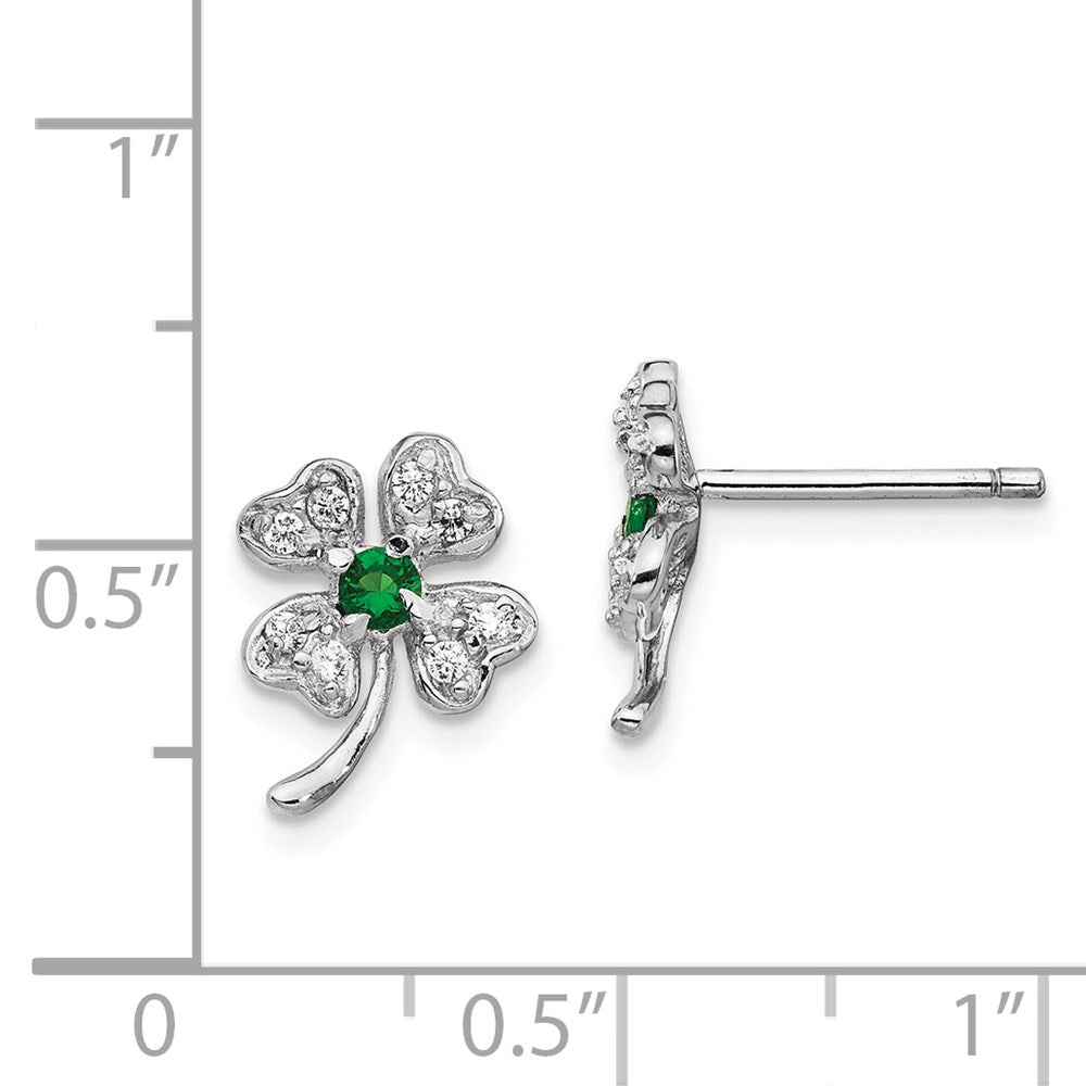 Sterling Silver Cheryl M Rhodium-Plated Brilliant-Cut Green Glass And White Cz Four Leaf Clover Post Earrings