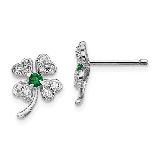 Sterling Silver Cheryl M Rhodium-Plated Brilliant-Cut Green Glass And White Cz Four Leaf Clover Post Earrings