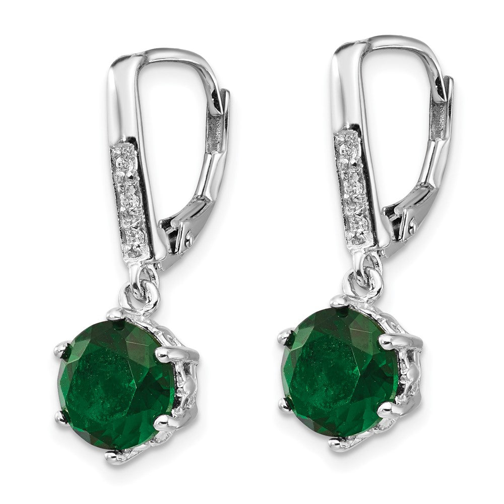 Sterling Silver Cheryl M Rhodium-Plated Brilliant-Cut Green Glass And White Cz Leverback Dangle Earrings