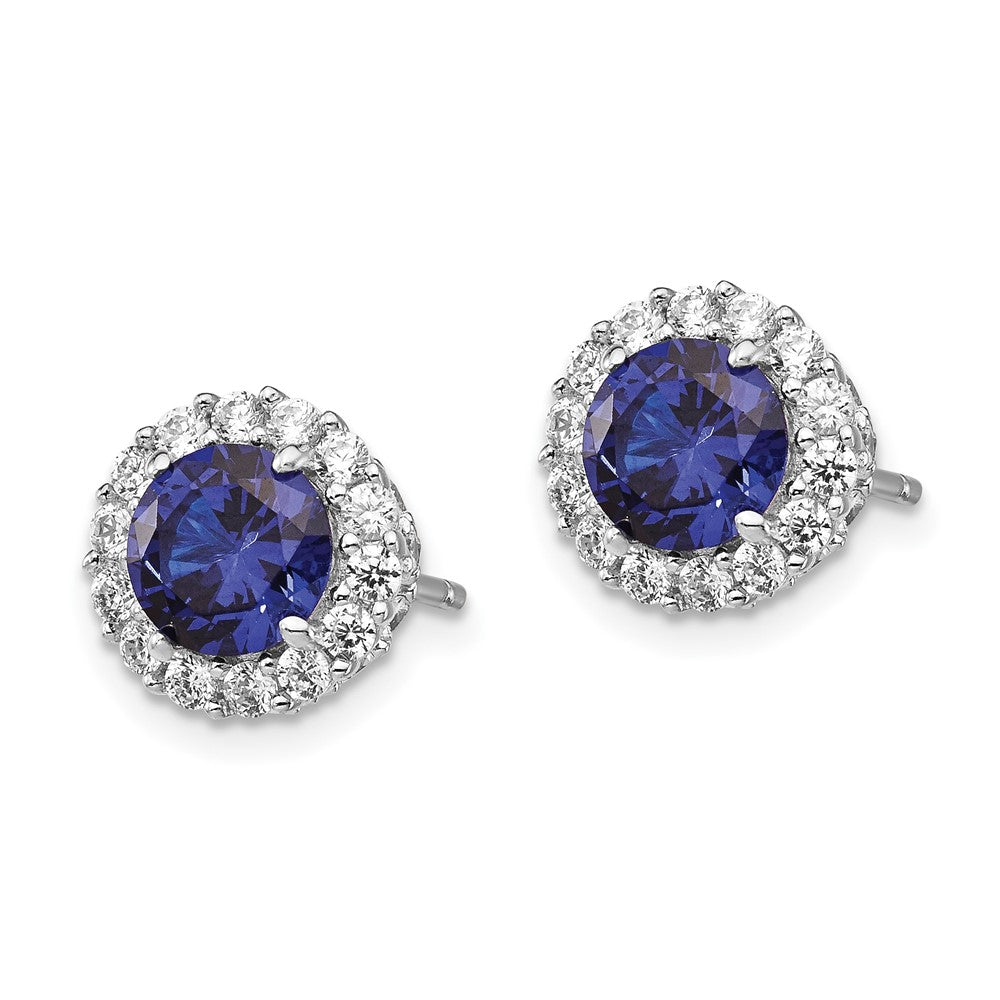 Sterling Silver Cheryl M Rhodium-Plated Brilliant-Cut Lab Created Dark Blue Spinel And White Cz Round Halo Post Earrings