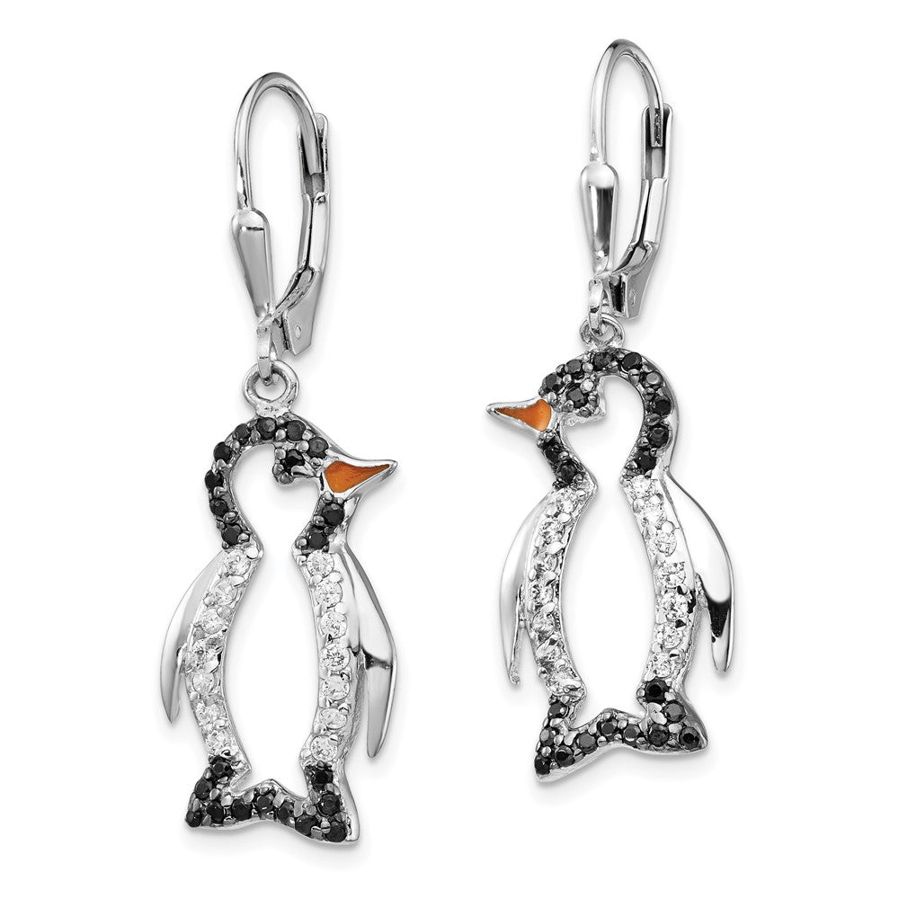 Sterling Silver Cheryl M Rhodium-Plated With Black Rhodium Accent Enameled Brilliant-Cut And White Cz Penguin Leverback Dangle Earrings